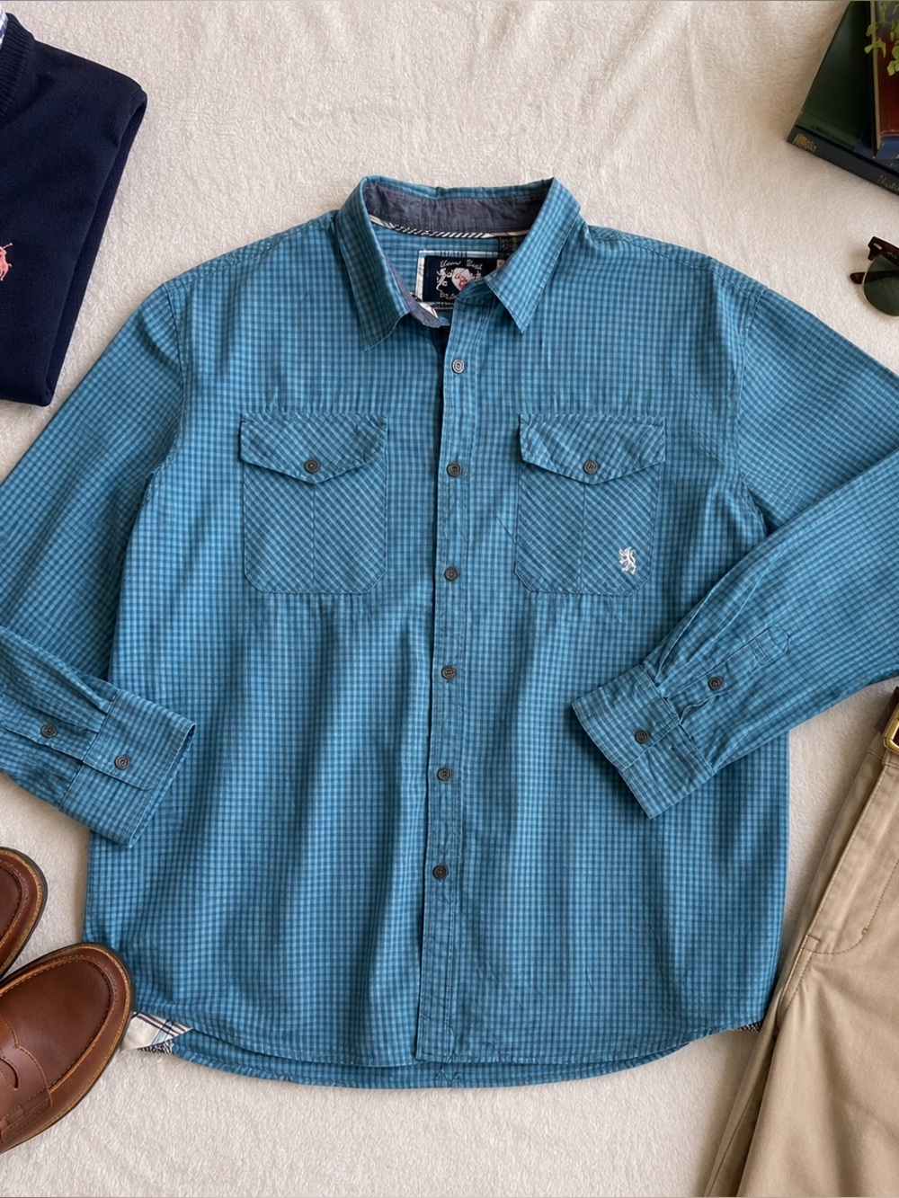Lions Crest Men's 2X Blue Check Cotton Woven Long Sleeve Button-Up Pocket Shirt